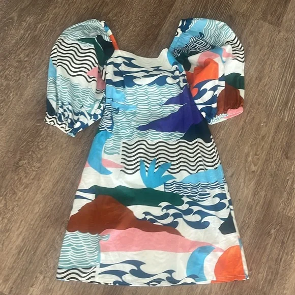 Oliphant Dress Puffed Sleeve Cutout Bow Cotton Abstract Mini Size Small - Picture 2 of 12